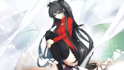 Rule 34 | 1girl, black (blackfallsensei), black bow, black hair, black skirt, black thighhighs, blue eyes, bow, fate/stay night, fate (series), floating hair, hair bow, long hair, long sleeves, looking down, miniskirt, pleated skirt, red sweater, shiny clothes, sitting, skirt, smile, solo, sweater, thighhighs, tohsaka rin, turtleneck, turtleneck sweater, twintails, very long hair, zettai ryouiki