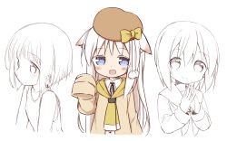 Rule 34 | 3girls, :3, :d, animal ears, ayanepuna, bare shoulders, beige jacket, beret, blue eyes, blush stickers, bow, brown hat, cat ears, closed mouth, comic, dress shirt, ears down, hair between eyes, hat, hat bow, highres, interlocked fingers, jacket, long hair, long sleeves, looking at viewer, multiple girls, open mouth, original, partially colored, pom pom (clothes), shio (ayanepuna), shirt, sidelocks, sleeves past fingers, sleeves past wrists, smile, tank top, very long hair, white hair, white shirt, yellow bow, yellow neckwear