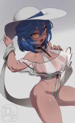 Rule 34 | 1girl, between breasts, black choker, blue hair, breasts, choker, cleavage, commission, dif (difman), difman, hagoromo, hat, highres, large breasts, one-piece swimsuit, open mouth, original, revealing clothes, see-through, shawl, short hair, solo, strap between breasts, sun hat, swimsuit, white one-piece swimsuit, yellow eyes