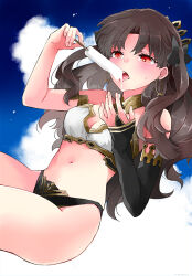 Rule 34 | 1girl, azumi (myameco), black bow, black hair, blue sky, bow, breasts, bridal gauntlets, cleavage, cloud, commentary request, day, earrings, fate/grand order, fate (series), flying, food, hair bow, holding, hoop earrings, ishtar (fate), jewelry, long hair, medium breasts, navel, popsicle, red eyes, sky, solo