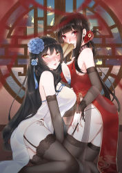 Rule 34 | 2girls, absurdres, ahoge, alternate costume, bare shoulders, black hair, black legwear, blunt bangs, blush, breasts, brown hair, china dress, chinese clothes, cleavage, dress, dsr-50 (girls&#039; frontline), dsr-50 (highest bid) (girls&#039; frontline), flower, girls&#039; frontline, hair flower, hair ornament, hairband, hand fan, highres, huge filesize, large breasts, long hair, looking at viewer, mizuna1031, mole, mole under eye, multiple girls, official alternate costume, open mouth, panties, paper fan, red dress, red eyes, sidelocks, smile, thighhighs, thighs, type 95 (girls&#039; frontline), type 95 (narcissus) (girls&#039; frontline), underwear, very long hair, white dress, white panties, yellow eyes