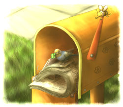 Rule 34 | beak, bee, bird, bug, clover, english text, four-leaf clover, grass, bug, letter, mailbox, mouth hold, newspaper, no humans, original, wings, yoshiyanmisoko