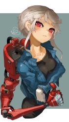 Rule 34 | 1girl, absurdres, blush, collarbone, commentary request, cropped torso, crossed arms, denim, denim jacket, gloves, grey background, grey hair, highres, jacket, joints, long sleeves, looking at viewer, mechanical arms, original, red eyes, robot joints, short hair with long locks, signature, single mechanical arm, solo, thumbs up, two-tone background, white background, white gloves, yunimaru