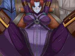 Rule 34 | 10s, 1girl, angry, arms behind head, arms up, bdsm, blue eyes, blue skin, blush, bodysuit, bondage, bound, breasts, clenched teeth, colored skin, gamilas, kameneji, looking at viewer, lying, melda deitz, on back, pilot suit, red hair, restrained, shiny clothes, skin tight, spread legs, sweat, teeth, uchuu senkan yamato, uchuu senkan yamato 2199, uniform