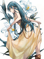 Rule 34 | 1girl, blue hair, boots, bracelet, dress, flower, from behind, jewelry, komecchi, lily (flower), long hair, looking back, orange eyes, original, profile, skirt hold, solo, very long hair