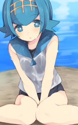 Rule 34 | 1girl, :o, bare shoulders, between legs, blue eyes, blue hair, blue one-piece swimsuit, blue sailor collar, blush, breasts, breasts squeezed together, bright pupils, creatures (company), flipped hair, game freak, hairband, hand between legs, highres, knees together feet apart, lana (pokemon), leaning forward, looking at viewer, matching hair/eyes, nigo (aozoragarou), nintendo, one-piece swimsuit, parted lips, pokemon, pokemon sm, sailor collar, school swimsuit, see-through, shirt, short hair, sitting, sleeveless, sleeveless shirt, small breasts, solo, swimsuit, swimsuit under clothes, trial captain, v arms, water, wet, wet clothes, wet shirt, white shirt