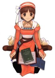 Rule 34 | 1990s (style), 1girl, atelier (series), atelier elie, black pantyhose, book, boots, bow, brown eyes, brown footwear, brown hair, cape, closed mouth, dress, elfir traum, full body, hat, hat bow, knee boots, looking at viewer, official art, orange dress, orange hat, pantyhose, retro artstyle, short hair, simple background, sitting, smile, solo, wariza, white background, white bow, yamagata isaemon, yellow cape
