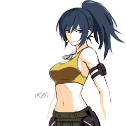 Rule 34 | 1girl, arm pouch, bare shoulders, blue eyes, blue hair, dog tags, high ponytail, leona heidern, looking at viewer, midriff, navel, ponytail, pouch, simple background, soldier, solo, tank top, tb (spr1110), the king of fighters, the king of fighters xiv, yellow tank top