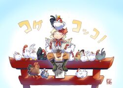 Rule 34 | 1girl, animal, animal on head, bird, bird on head, black footwear, blonde hair, boots, chick, chicken, closed eyes, commentary request, dated, dress, full body, kokechankokko, multicolored hair, niwatari kutaka, o3o, on head, open mouth, orange dress, red hair, seal impression, shirt, short hair, solo, torii, touhou, translated, two-tone hair, white shirt
