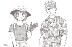 Rule 34 | 1boy, 1girl, :d, backpack, bag, blush, brown theme, camouflage, closed mouth, cosplay, dated, english text, gloves, hat, hat feather, horikou, kaban (kemono friends), kaban (kemono friends) (cosplay), kemono friends, looking at viewer, manly, military, military hat, military uniform, monochrome, open mouth, original, pants, real life, shima saki, shirt, signature, simple background, smile, uniform, united states army, white background, yurucamp