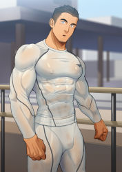 Rule 34 | 1boy, bara, bike shorts, black hair, blurry, blush, bulge, clenched hands, compression shirt, covered abs, covered erect nipples, covered navel, cowboy shot, day, depth of field, facial hair, goatee, gorou naoki, hair slicked back, large pectorals, leg hair, long sleeves, looking at viewer, male focus, muscular, muscular male, navel hair, original, outdoors, paid reward available, parted lips, pectorals, see-through, shiny clothes, shirt, short hair, shorts, skin tight, solo, standing, taut clothes, taut shirt, very short hair, wet, wet clothes, white shirt, white shorts, wide-eyed