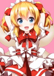 Rule 34 | 1girl, arms up, belt, blonde hair, blue eyes, bow, bowtie, dress, fairy wings, hair between eyes, hair bow, hands up, highres, looking at viewer, open mouth, pink background, puffy short sleeves, puffy sleeves, red belt, red bow, red bowtie, ruu (tksymkw), short hair, short sleeves, short twintails, simple background, smile, solo, sunny milk, touhou, twintails, white bow, white dress, white headwear, white sleeves, wings