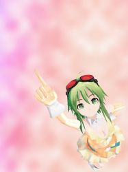 Rule 34 | 1girl, anemone 77777, bad id, bad pixiv id, belt, blue belt, dress, foreshortening, goggles, goggles on head, green eyes, green hair, gumi, looking at viewer, matching hair/eyes, mikumikudance (medium), pointing, skirt, solo, vocaloid, yellow dress, yellow skirt