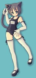 Rule 34 | 1girl, animal ears, black one-piece swimsuit, cat ears, cat tail, elbow gloves, gloves, holding own tail, name tag, one-piece swimsuit, school swimsuit, short hair, solo, swimsuit, tail, tail grab, thighhighs