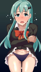 Rule 34 | 1girl, aqua hair, black background, blazer, blue eyes, blush, breasts, clothes lift, frilled skirt, frills, hair ornament, hairclip, highres, jacket, kantai collection, lifting own clothes, long hair, looking at viewer, navel, nose blush, open mouth, panties, purple panties, red neckwear, simple background, skirt, skirt lift, solo, suzuya (kancolle), sweat, tirasi (so), underwear
