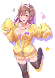 Rule 34 | 10s, 1girl, :d, black thighhighs, breasts, brown hair, cardigan, cleavage, collarbone, drop shadow, hair ribbon, hands up, heart, highres, kanabun, kunikida hanamaru, long hair, long sleeves, looking at viewer, love live!, love live! school idol festival, love live! sunshine!!, medium breasts, no bra, no shirt, no shoes, open mouth, partially unbuttoned, ribbon, round teeth, sleeves past fingers, sleeves past wrists, slit pupils, smile, solo, standing, teeth, thighhighs, upper teeth only, white background, white ribbon, yellow cardigan, yellow eyes