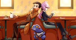 Rule 34 | 1boy, 1girl, anabel (pokemon), black gloves, black jacket, black pants, brown coat, brown hair, brown pants, cake, chair, coat, coffee, commentary request, creatures (company), croagunk, cup, ffccll, food, fork, from side, game freak, gen 4 pokemon, gloves, hair ribbon, highres, holding, holding cup, indoors, jacket, long hair, long sleeves, looker (pokemon), mug, nintendo, open clothes, open coat, open mouth, pants, plate, pokemon, pokemon (creature), pokemon sm, ponytail, purple hair, ribbon, shoes, short hair, sitting, spoon, steam