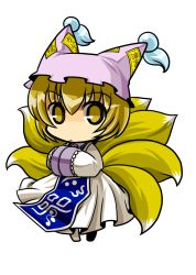 Rule 34 | 1girl, animal ears, blonde hair, chibi, female focus, fox ears, fox tail, full body, hands in opposite sleeves, multiple tails, socha, solo, tail, touhou, transparent background, yakumo ran, yellow eyes