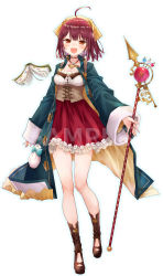 Rule 34 | 1girl, :d, alt (ctrldel), atelier (series), atelier sophie, blue coat, blush, book, boots, brown eyes, coat, commentary request, corset, cross-laced clothes, cross-laced top, dress, floating, floating book, floating object, frilled dress, frills, full body, happy, head scarf, highres, holding, holding staff, jewelry, knees together feet apart, leg up, long sleeves, looking at viewer, medium hair, necklace, open mouth, orange eyes, red dress, red hair, sample watermark, sleeves rolled up, smile, solo, sophie neuenmuller, staff, standing, standing on one leg, watermark, wide sleeves