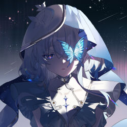 1girl blue_butterfly blue_hair blue_veil breasts bug butterfly butterfly_over_eye chinese_commentary commentary_request covered_collarbone highres insect long_hair medium_breasts parted_lips portrait purple_eyes red_pupils shorekeeper_(wuthering_waves) solo two-tone_veil veil white_veil wuthering_waves xyyeytxw