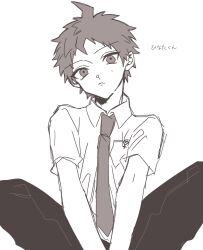 Rule 34 | 1boy, ahoge, badge, collared shirt, danganronpa (series), danganronpa 2: goodbye despair, feet out of frame, frown, grey background, greyscale, highres, hinata hajime, knees up, looking at viewer, male focus, monochrome, necktie, pants, ru-pe (gstm 0915), shirt, short hair, short sleeves, simple background, sitting, solo, translation request