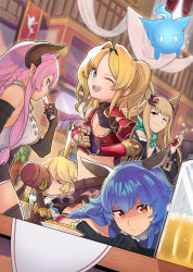 Rule 34 | 5girls, ;d, absurdres, animal ears, black gloves, blonde hair, blue hair, blush, brown eyes, charlotta (granblue fantasy), closed eyes, closed mouth, cup, day, draph, drinking, drinking glass, elbow gloves, erune, ferry (granblue fantasy), gloves, granblue fantasy, granblue fantasy versus, highres, holding, holding cup, horns, long hair, looking at viewer, metera (granblue fantasy), multiple girls, narmaya (granblue fantasy), one eye closed, open mouth, outdoors, pink hair, ponytail, sleepy frippy, smile, teeth, upper teeth only, wine glass, zeta (granblue fantasy)