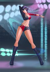 Rule 34 | 1girl, alternate costume, arm up, black hair, blue eyes, boots, breasts, crop top, dead or alive, dead or alive 5, knee boots, large breasts, lips, lipstick, long legs, makeup, midriff, navel, outstretched arm, pai chan, pieter visser, race queen, short hair, short shorts, shorts, solo, virtua fighter, wristband