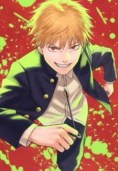 Rule 34 | 1boy, black jacket, black pants, blonde hair, chainsaw man, denji (chainsaw man), grin, highres, jacket, looking at viewer, male focus, open clothes, open jacket, paint splatter, paint stains, pants, red background, red eyes, sharp teeth, shirt, short hair, smile, solo, teeth, white shirt, yuko666