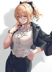 Rule 34 | 1girl, alternate costume, arm up, belt, blonde hair, blue eyes, breasts, center frills, chestnut mouth, collared shirt, frills, genshin impact, gold bracelet, green jacket, green pants, hand on own hip, high ponytail, highres, jacket, jean (genshin impact), looking away, medium breasts, mon-chan, open clothes, open jacket, open mouth, pants, ponytail, shadow, shirt, short sleeves, simple background, solo, standing, white background, white shirt