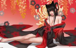 1girl animal_ears arm_support bare_legs bare_shoulders barefoot black_hair black_kimono breasts breasts_apart cherry_blossom_print chinese_commentary chrysanthemum collarbone commentary_request feet floral_print flower full_body gradient_background gradient_clothes gradient_kimono guishu_lingxiang hair_rings highres japanese_clothes kimono large_breasts legs lips looking_to_the_side mole mole_under_eye nail_polish off_shoulder original parted_lips pasties pink_lips print_kimono red_background red_eyes red_kimono red_nails sidelocks_tied_back sitting solo toenail_polish toenails toes wisteria