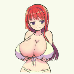 Rule 34 | 1girl, bikini, blue eyes, breast hold, breasts, cleavage, front-tie bikini top, front-tie top, huge breasts, long hair, navel, original, pas (paxiti), red hair, simple background, smile, solo, strap gap, swimsuit, upper body, white bikini