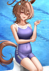 Rule 34 | 1girl, agnes tachyon (umamusume), ahoge, alternate costume, animal ears, arm under breasts, blue one-piece swimsuit, blush, breasts, brown hair, chemical structure, cleavage, collarbone, commentary request, competition school swimsuit, earrings, feet out of frame, hair between eyes, highres, horse ears, horse girl, horse tail, jewelry, looking at viewer, medium breasts, messy hair, motsushi, one-piece swimsuit, open mouth, pointing, pool, red eyes, school swimsuit, single earring, sitting, smile, solo, swimsuit, tail, tracen swimsuit, umamusume