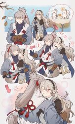 Rule 34 | !, !!, &gt; &lt;, ..., 1boy, 1girl, ?, ai tkkm, armor, arrow (symbol), artist name, autumn leaves, black hairband, blue gloves, blush, branch, brown eyes, closed eyes, closed mouth, commentary request, corrin (female) (fire emblem), corrin (fire emblem), crossed arms, double-parted bangs, falling leaves, fire emblem, fire emblem fates, flower, gloves, grey hair, hairband, hetero, highres, holding hands, hug, leaf, long bangs, long hair, nintendo, notice lines, one eye closed, open mouth, pointy ears, ponytail, red eyes, smile, takumi (fire emblem), thought bubble, translation request, twitter username