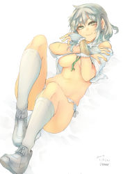 Rule 34 | 1girl, breasts, crossed arms, green eyes, lying, navel, on back, on bed, open clothes, open shirt, original, panties, shirt, shoe dangle, sigama, silver hair, underwear, wavy mouth
