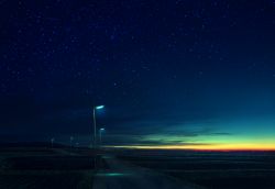 Rule 34 | blue sky, commentary request, highres, horizon, lamppost, mks, night, night sky, no humans, original, outdoors, road, scenery, sky, star (sky), starry sky, sunset