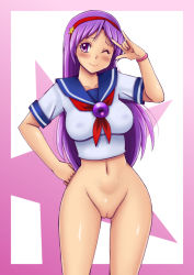 Rule 34 | 1girl, asamiya athena, ass, blush, breasts, cleft of venus, purple eyes, purple hair, pussy, school uniform, smile, snk, tsumitani daisuke