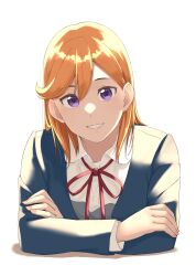Rule 34 | 1girl, absurdres, blue jacket, collared shirt, commentary request, crossed arms, dress, grey dress, highres, jacket, looking at viewer, love live!, love live! superstar!!, medium hair, neck ribbon, open clothes, open jacket, orange hair, purple eyes, ribbon, s sho mkrn, school uniform, shibuya kanon, shirt, smile, solo, upper body, white background, white shirt, winter uniform, yuigaoka school uniform