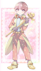 Rule 34 | 1boy, absurdres, blush, cane, closed mouth, coat, commentary request, creatures (company), full body, game freak, gloves, highres, holding, holding cane, ioringoxx, long sleeves, male focus, neck ribbon, nintendo, ortega (pokemon), pants, pink coat, pink hair, pink pants, pokemon, pokemon sv, polka dot coat, polka dot pants, purple eyes, ribbon, shirt, shoes, short hair, smile, solo, standing, team star, white shirt, yellow footwear