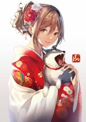 Rule 34 | 1girl, :d, animal, brown eyes, brown hair, closed eyes, dog, fangs, floral print, flower, from side, gradient background, grey background, hair between eyes, hair flower, hair ornament, holding, holding animal, japanese clothes, kimono, long sleeves, looking at viewer, looking to the side, open mouth, original, ponytail, print kimono, red flower, red kimono, shawl, short hair, smile, sola (solo0730), solo, teeth, tongue, upper body, white flower, wide sleeves, yawning