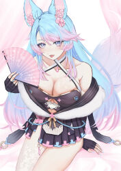 Rule 34 | 1girl, absurdres, animal ear fluff, animal ears, black gloves, black kimono, black shawl, blue eyes, blue hair, blue nails, breasts, cherry blossoms, cleavage, clothing cutout, fingerless gloves, flower, gloves, hair flower, hair ornament, halterneck, hand fan, highres, holding, holding fan, japanese clothes, kimono, large breasts, long hair, looking at viewer, momomoto82, multicolored hair, multicolored tail, nail polish, navel cutout, open mouth, paper fan, pink flower, pink hair, pink tail, shawl, silvervale, smile, solo, streaked hair, swept bangs, tail, virtual youtuber, vshojo, wolf ears, wolf girl, wolf tail