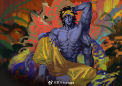 Rule 34 | 1boy, abs, arm behind head, blank eyes, blue skin, colored skin, extra arms, headband, looking at viewer, looking to the side, male focus, monster boy, muscular, muscular male, navel, nipples, original, shredded muscles, sitting, smile, thick eyebrows, third eye, topless male, zhun dou ikaruga