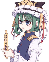 Rule 34 | 1girl, absurdres, asymmetrical hair, black hat, blue eyes, blue vest, blush stickers, frilled hat, frilled sleeves, frills, green hair, hat, highres, holding, juliet sleeves, kame (kamepan44231), long hair, long sleeves, one-hour drawing challenge, open mouth, puffy sleeves, rod of remorse, shiki eiki, shirt, simple background, solo, touhou, upper body, vest, white background, white shirt, wide sleeves