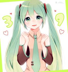 Rule 34 | 1girl, 39, bad id, bad pixiv id, detached sleeves, green eyes, green hair, hatsune miku, long hair, matching hair/eyes, necktie, nokuhashi, solo, twintails, twitter username, very long hair, vocaloid
