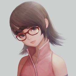 1girl, bare shoulders, black hair, blue eyes, boruto: naruto next generations, commentary, detached sleeves, english commentary, gd choco, glasses, grey background, headband, jacket, looking at viewer, medium hair, naruto (series), red-framed eyewear, red jacket, serious, simple background, solo, standing, uchiha sarada