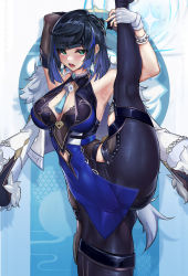 Rule 34 | 1girl, armpits, ass, blue eyes, blue hair, blush, breasts, covered navel, dynamotor, earrings, fingerless gloves, genshin impact, gloves, highres, jewelry, large breasts, leg lift, looking at viewer, medium hair, mole, mole on breast, open mouth, solo, split, standing, standing on one leg, thighs, white gloves, yelan (genshin impact)