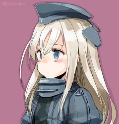 Rule 34 | 10s, 1girl, blonde hair, blue eyes, blush, commentary request, garrison cap, hat, kantai collection, long hair, looking away, purple background, solo, suka, twitter username, u-511 (kancolle), upper body
