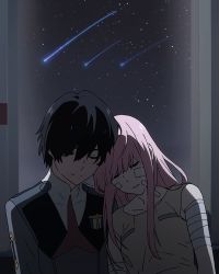 Rule 34 | 10s, 1boy, 1girl, bandaged arm, bandages, bandaid, bandaid on face, black hair, blue horns, closed eyes, commentary, couple, darling in the franxx, english commentary, hetero, hiro (darling in the franxx), horns, long hair, military, military uniform, necktie, night, night sky, nightgown, oni horns, pink hair, red horns, red neckwear, short hair, signature, sky, star (sky), star (symbol), starry sky, uniform, xwaterice, zero two (darling in the franxx)