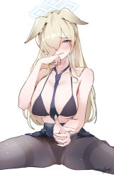 Rule 34 | 1girl, animal ears, between breasts, black bra, black pantyhose, blonde hair, blue archive, blue halo, blue skirt, blush, bra, breasts, commentary request, embarrassed, finger gun, hair over one eye, halo, hand up, highres, kanna (blue archive), large breasts, long hair, looking at viewer, necktie, necktie between breasts, one eye covered, panties, panties under pantyhose, pantyhose, sea nami, sharp teeth, sitting, skirt, solo, spread legs, teeth, thighband pantyhose, underwear