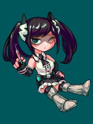 Rule 34 | 1girl, ascot, aygoftenover, bare shoulders, black ascot, black hair, black skirt, black thighhighs, boots, chibi, dunant pilse, elbow gloves, fingerless gloves, frilled ascot, frills, gloves, goggles, green background, grey footwear, highres, holding, holding syringe, long hair, one eye closed, shy (series), simple background, skirt, solo, syringe, thigh boots, thighhighs, twintails