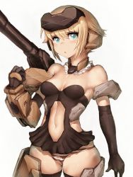 Rule 34 | 10s, 1girl, :o, aqua eyes, armor, asymmetrical arms, bare shoulders, black dress, black gloves, black thighhighs, blonde hair, blush, breasts, cannon, clothing cutout, detached collar, dress, female focus, fingerless gloves, frame arms girl, fumio (rsqkr), gloves, gourai, greaves, headgear, mecha musume, navel, navel cutout, neck, open mouth, panties, revealing clothes, short dress, short hair, simple background, skindentation, small breasts, solo, standing, strapless, strapless dress, striped clothes, striped panties, thighhighs, underwear, weapon, white background